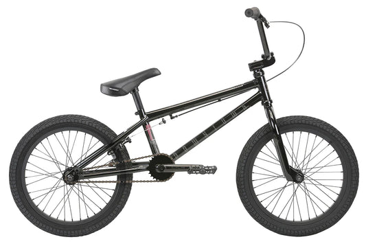 The Haro Bikes Downtown 16 BMX bike in black features thick tires, straight handlebars, and a padded seat, shown side-on on white.