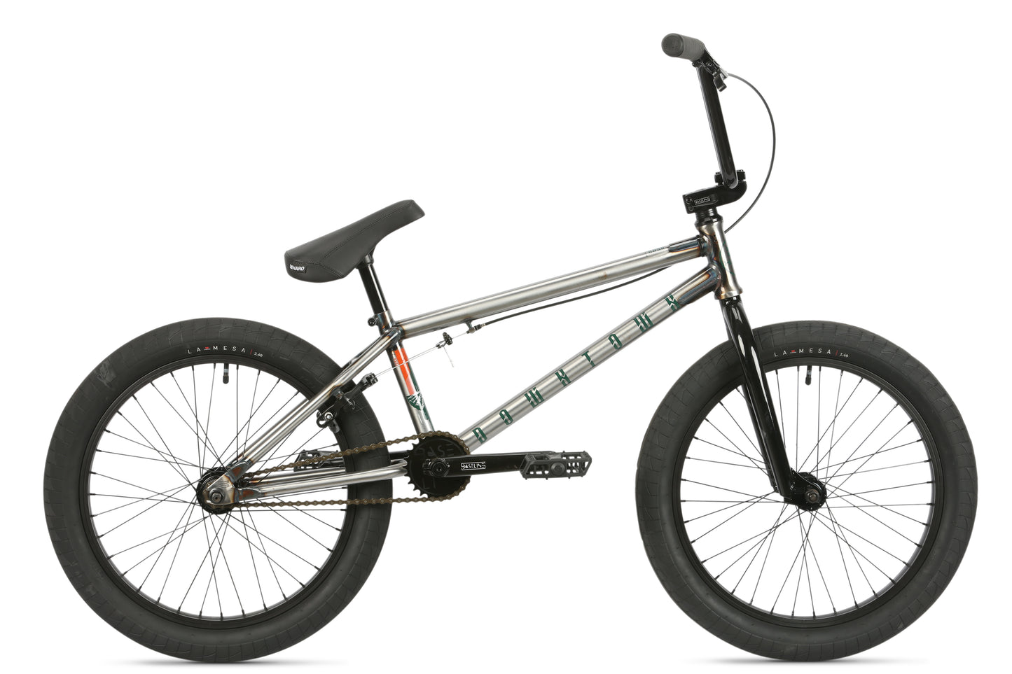 The Haro Bikes Downtown DLX in Gloss Granite features a metallic frame, black handlebars, and tires, shown in profile on white.
