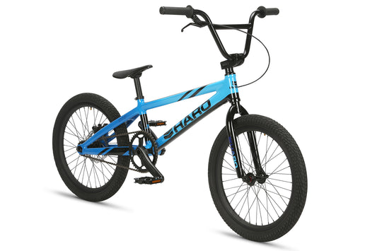 A blue Race Lite Pro BMX bike from Haro Bikes with black handlebars, seat, and tires features a sturdy Chromoly-Lenker frame, HARO branding on the side, all set against a white background.