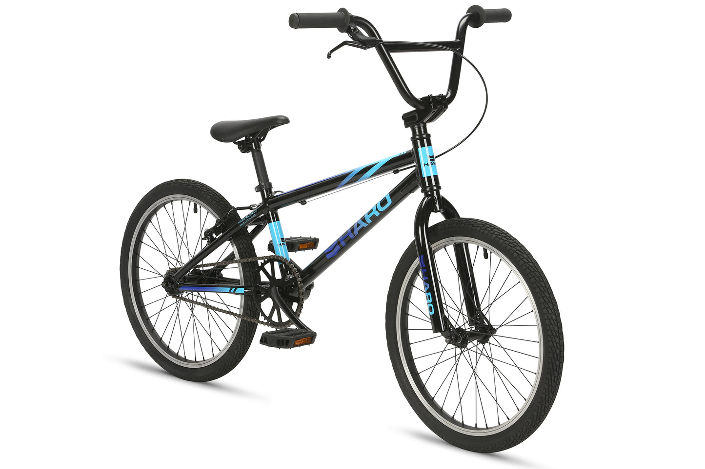 The Haro Bikes SI BMX is equipped with an aluminium frame, black with blue accents, a comfortable saddle, straight handlebars, and durable Kenda Kontact tires ideal for stunts and off-road. Perfect for BMX racing fans seeking adventure.