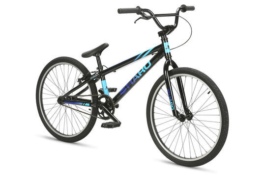 The SI 24 by Haro Bikes is a BMX-style bicycle in black and blue with an aluminum frame, Chromoly cranks, and Kenda Kontact tires. Its knobby tires and handlebars offer optimal maneuverability, making it perfect for racing or performing tricks.