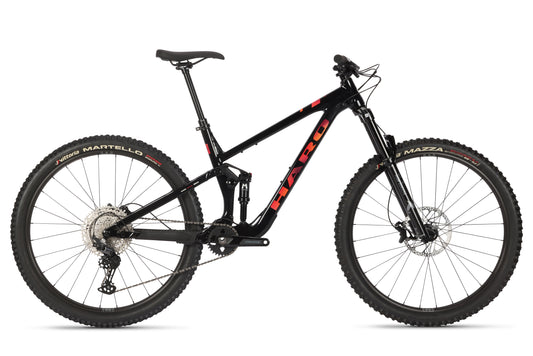 The Daley Alloy 2 by Haro Bikes is a black trail bike featuring a durable aluminum frame with bold red branding. Its large, rugged tires and responsive suspension make it perfect for off-road cycling, while its sleek, modern design ensures thrilling rides on any terrain.