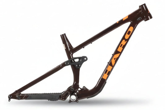 A Cedar Brown/Orange Haro Bikes Greer Alloy Frameset with mullet-setup is displayed on a white background.