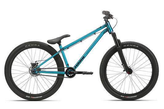 The Haro Bikes Steel Reserve 2 is a blue BMX bike with a sturdy frame, thick Kenda tires, and black handlebars. Its perfect for freestyle mountain biking with its single seat and chain drive system, designed for stunts and off-road cycling.