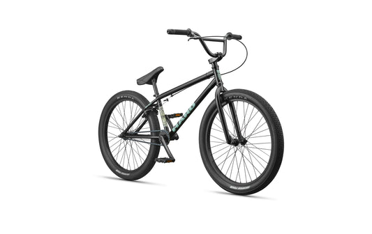 Vielseitiges BMX: Haro Bikes Downtown 24 mit 24"-Laufrädern, dicken Reifen und aufrechtem Lenker in Schwarz.