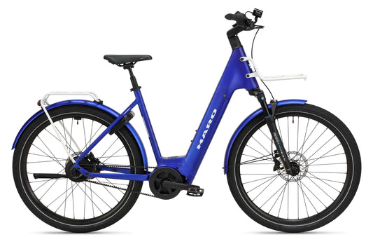 The Haro Bikes Escondido 1, a blue step-through electric city bike with fenders, rear rack, and front suspension, side profile view.