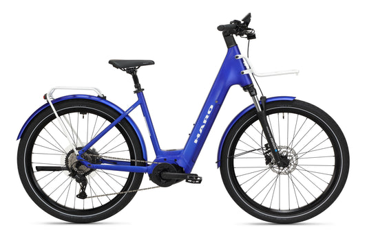 The Haro Bikes Escondido 2, a blue step-through e-bike with front suspension and rear rack, is shown side view on white.