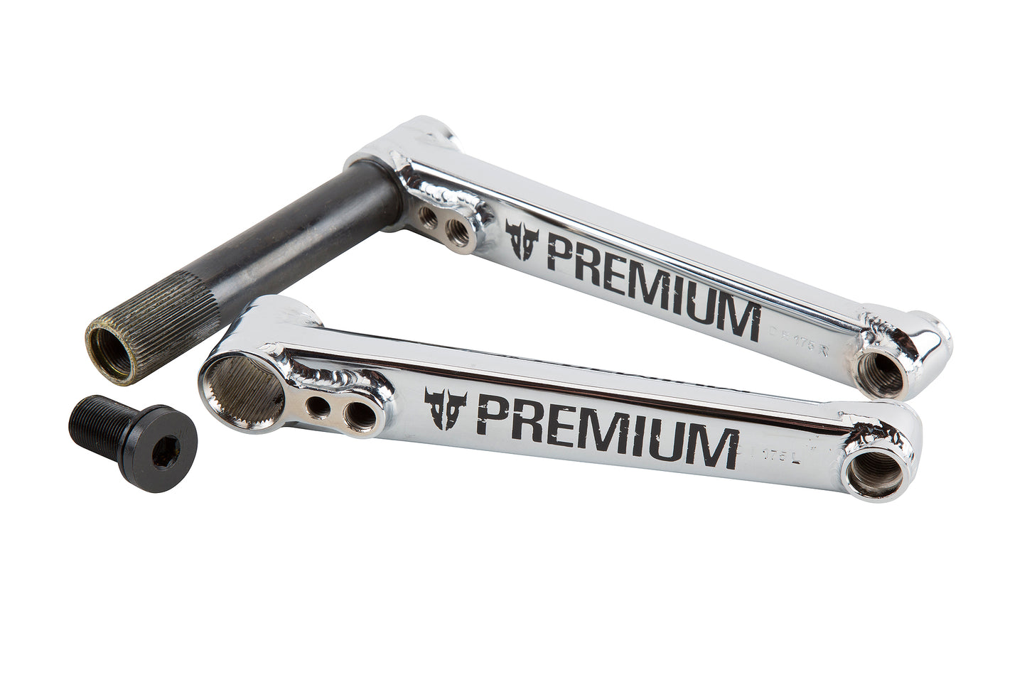 A pair of reflective silver bicycle crank arms, branded with PREMIUM, is included in the PREMIUM 2PC KURBELGARNITUR. It comes with a black assembly bolt and is designed for a 22mm Achse.