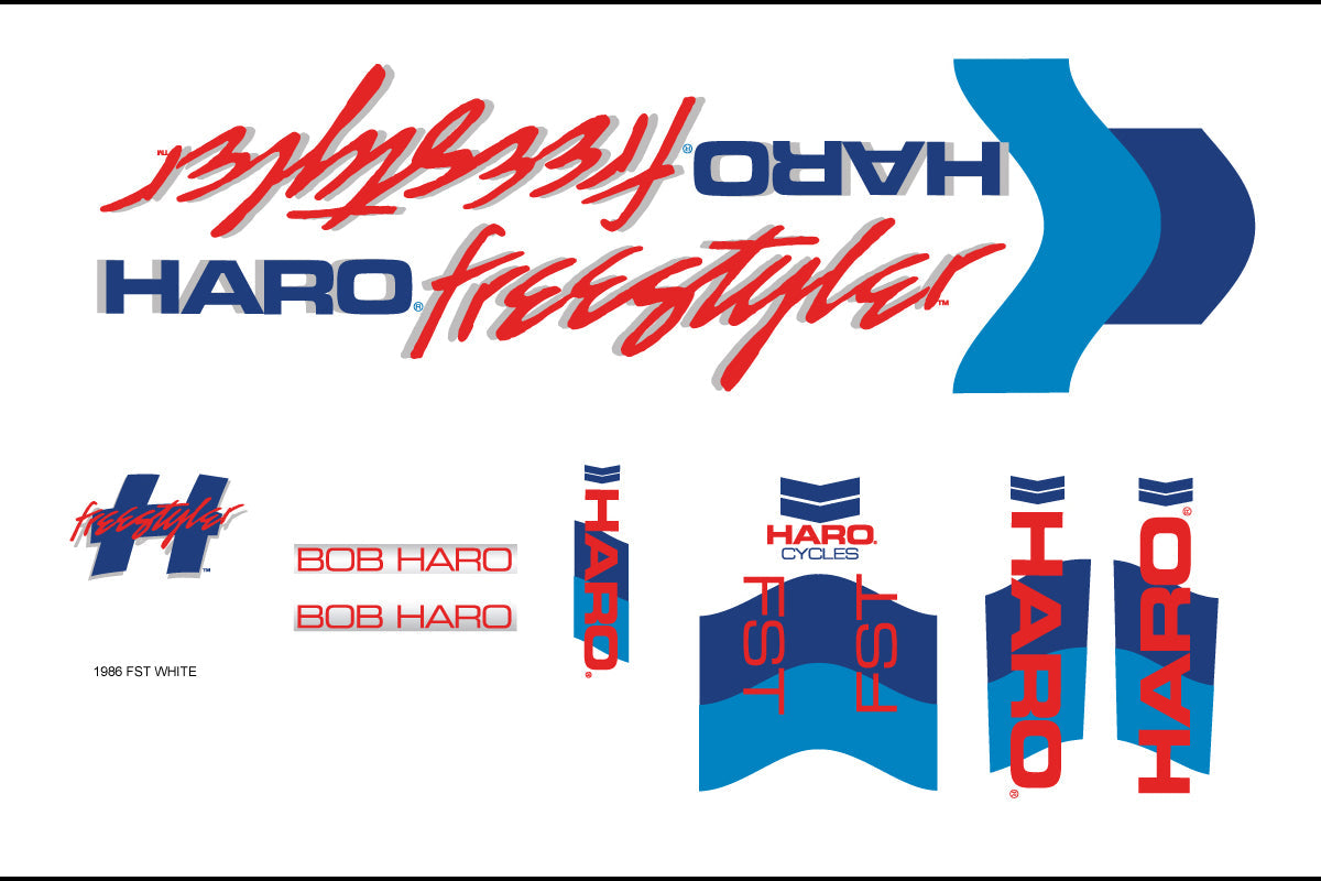 A set of white, red, and blue 1986 Decals FST White including various logos, the word freestyler, and brand names.