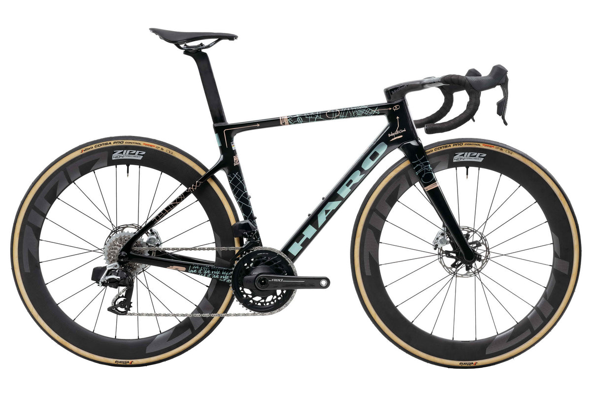 Black Haro Bikes Partimos Carbon Custom "Grid" with drop bars and Zipp wheels, side view on white background.