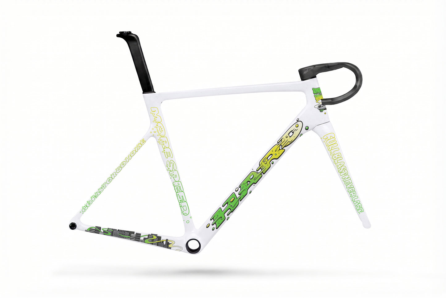 White Haro Bikes Partimos Carbon Frameset Full Blast, limited edition, green/yellow graphics, black seatpost, plain white background.