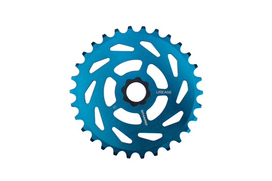 Haro Bikes Lineage Spline Drive BMX Kettenblatt with cut-out patterns and LINEAGE printed on the spline drive side.