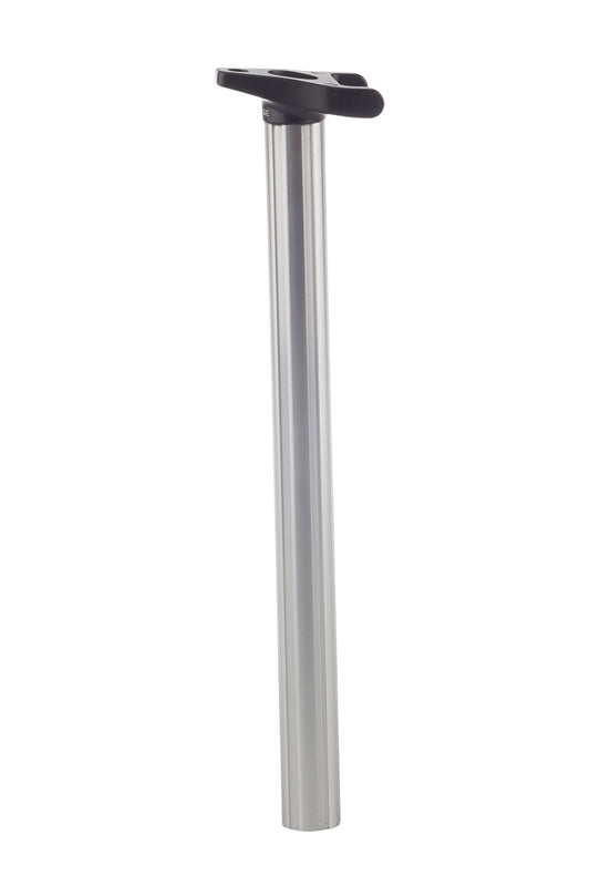 A silver HARO Lineage Tripod Fluted Sattelstütze, featuring a black top component expertly CNC bearbeitet for attaching a bicycle saddle, is displayed upright against a plain white background.