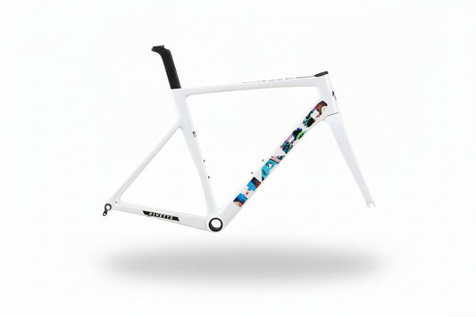 Rivette Carbon EP Edition: Haro Bikes white road bike with street art design, Vision Metron 45 SL wheels, and SRAM RED black handlebars.