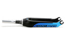 The Cliq Citizen Carbon Gabel Blue by Haro Bikes is a black and blue bicycle fork with a sleek aerodynamic design and a cylindrical metal steerer tube, set against a white background, ready to upgrade your ride.