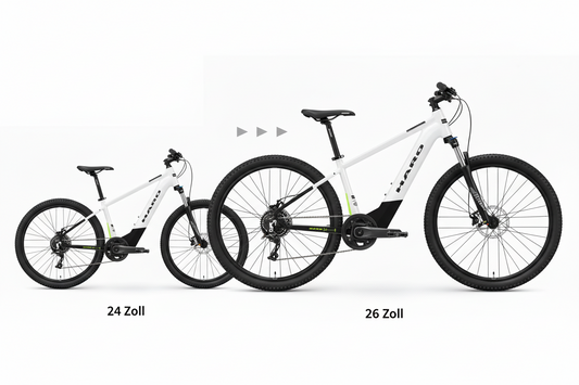 Two Haro Bikes eKids I/O 24/26 E-Bikes with 24″ & 26″ wheels for youth, side by side on white, perfect as mitwachsendes E-Bike.