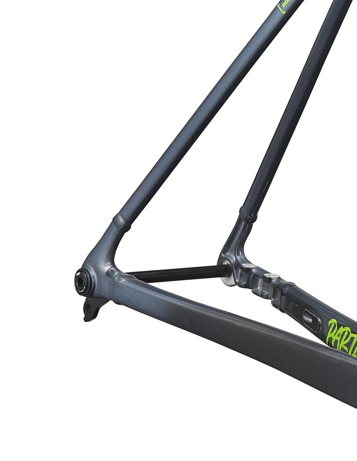 Close-up of the Haro Bikes Partimos Alloy Frameset showing rear triangle, dropouts, and a partially visible green logo.