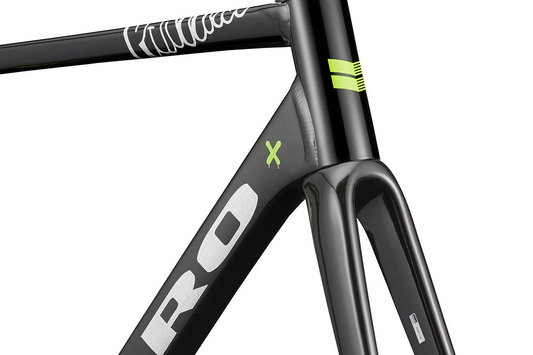 Close-up of Haro Bikes' Partimos Alloy Frameset: black with white/neon green accents, bold lettering, aerodynamic aluminum frame.