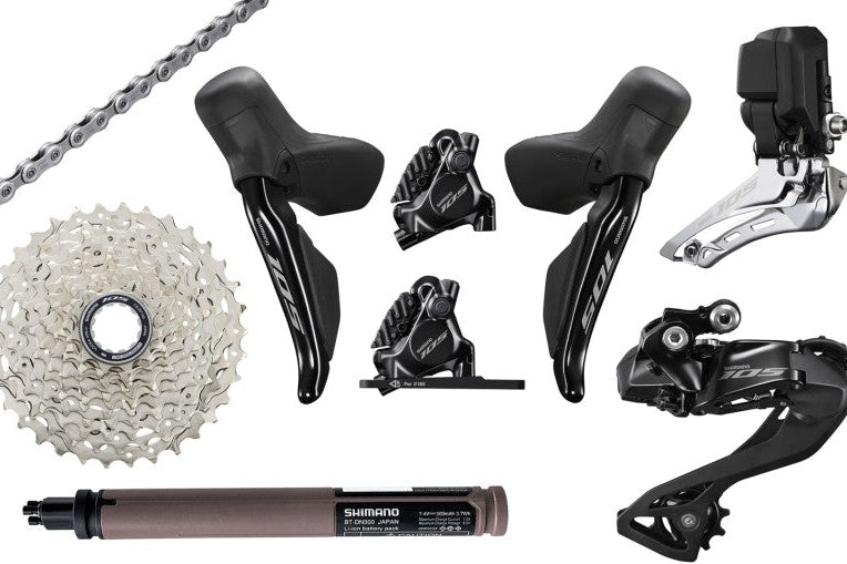 Transmission Build Kit Road Shimano 105 DIs by Haro Bikes: Shifter, derailleur, cassette, chain, battery & calipers for road bikes.