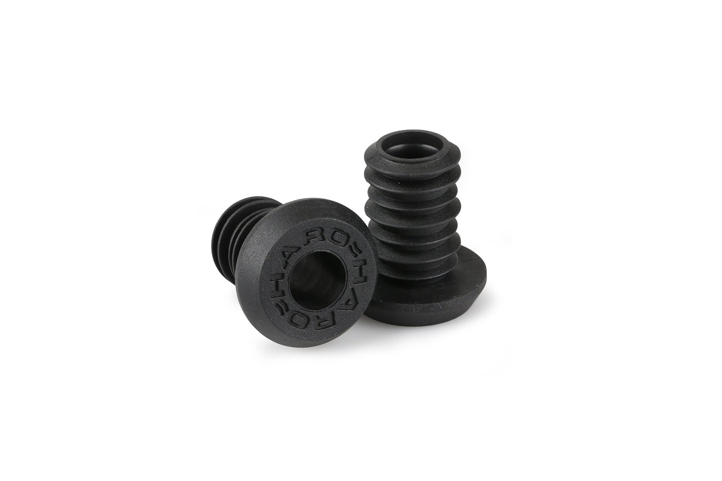 Two Team Griffe Flanged grommets by Haro Bikes, one upright and the other sideways, on a white background.