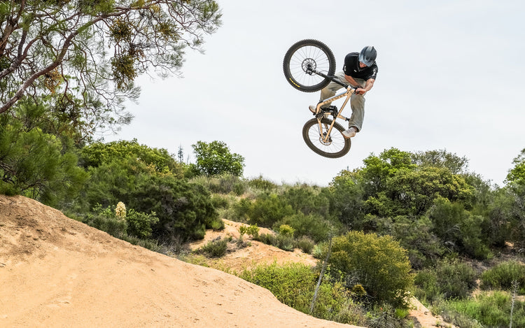 A beige HARO full-suspension mountain bike frame with red accents, labeled “140 Travel” and “DALEY CARBON,” shown against a neutral background.