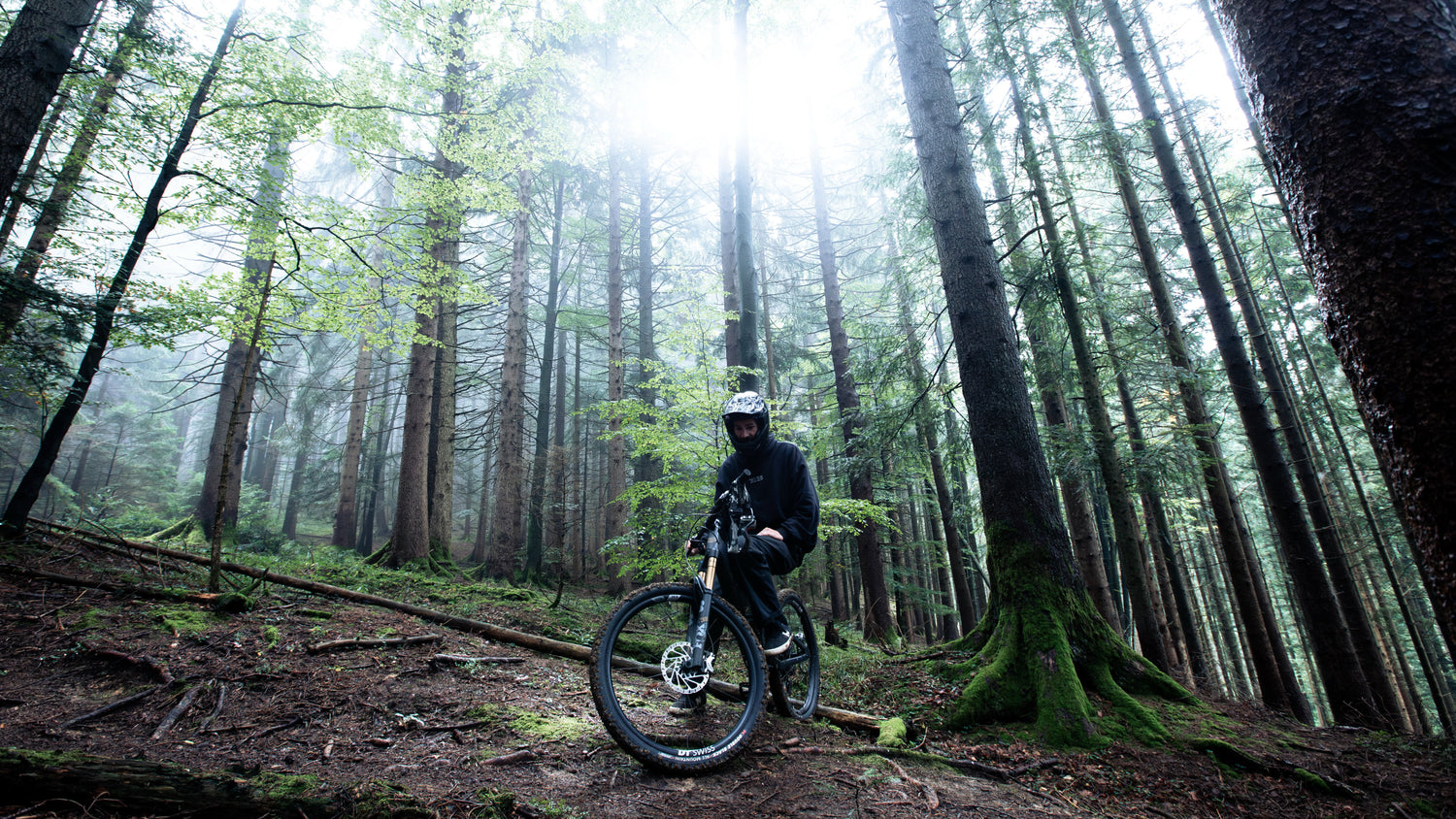 A person wearing a helmet rides a mountain bike on a forest trail surrounded by tall trees, with sunlight streaming through the branches above.