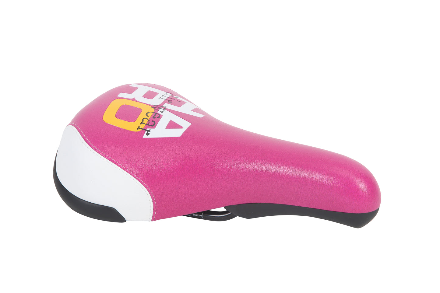 A 1987 Air Wear Pink Sattel by Haro Bikes, featuring a white and yellow logo on top and a black underside.