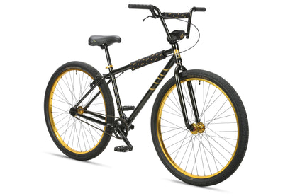 The Haro Bikes B.M.F is a black BMX bike with gold accents and high-quality components for a comfortable ride.