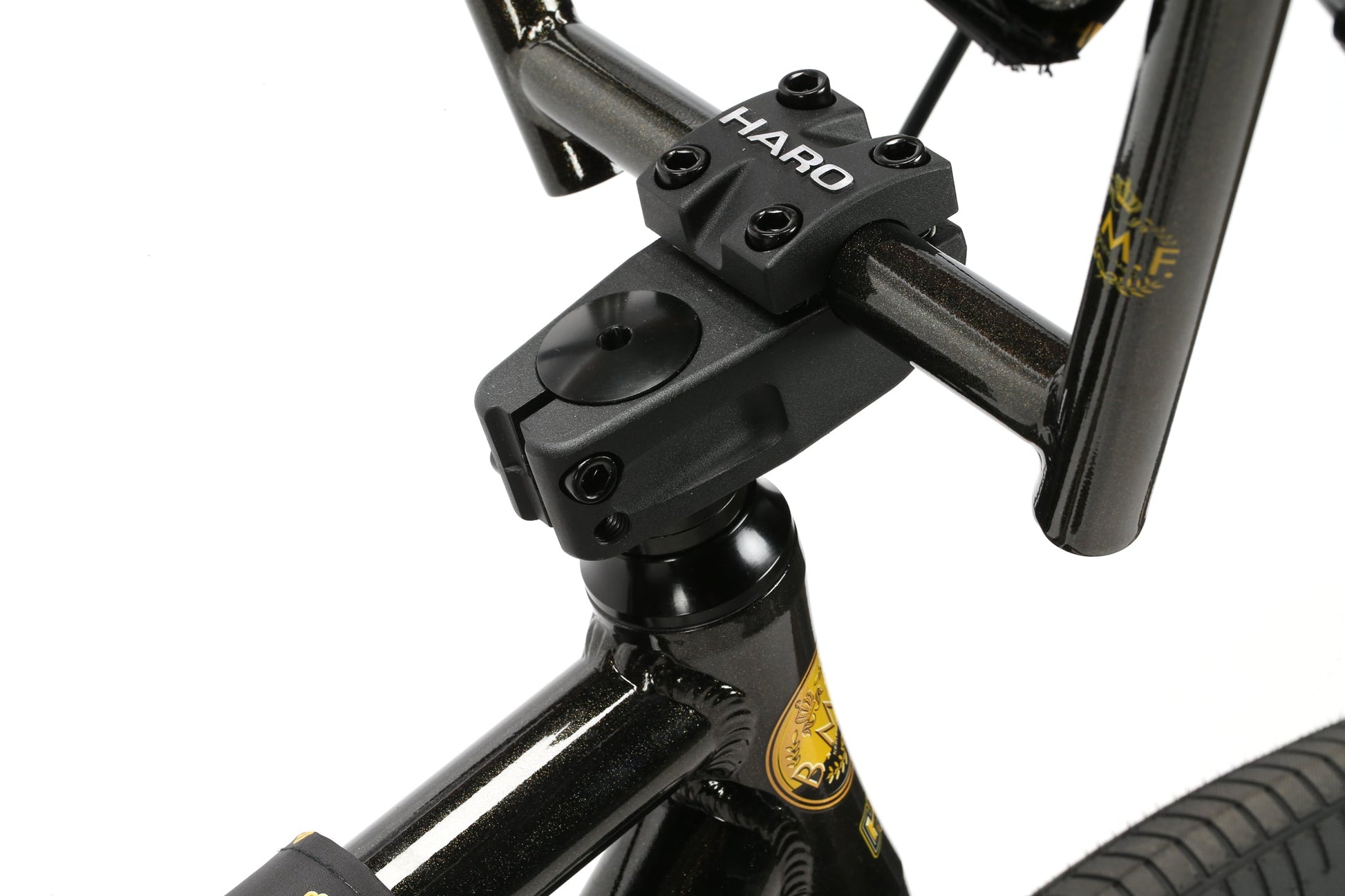 Close-up of a B.M.Fs handlebars and front suspension by Haro Bikes, ideal for Ride-Outs.