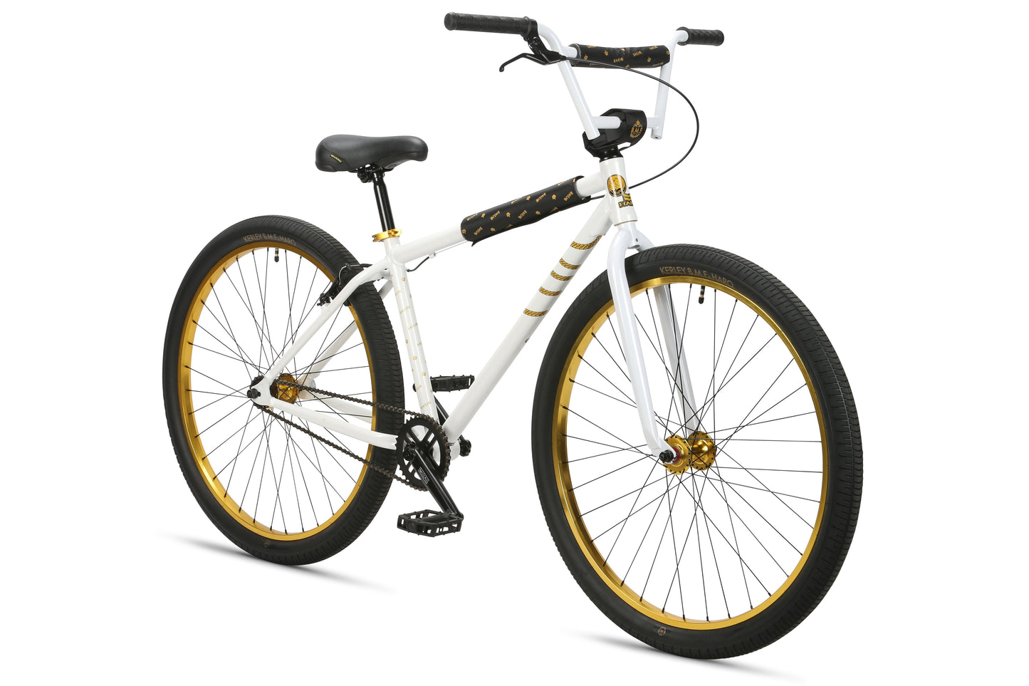 Haro Bikes B.M.F: White BMX bike with black/gold accents, wide tires, and black seat; perfect for epic ride-outs like Chad Kerleys.