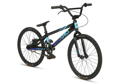 The Haro Bikes Race Lite Expert XL BMX bike features a sleek black and blue design with large black wheels, a straight handlebar, and branded graphics on its aluminium frame, offering a minimalist look for enthusiasts.