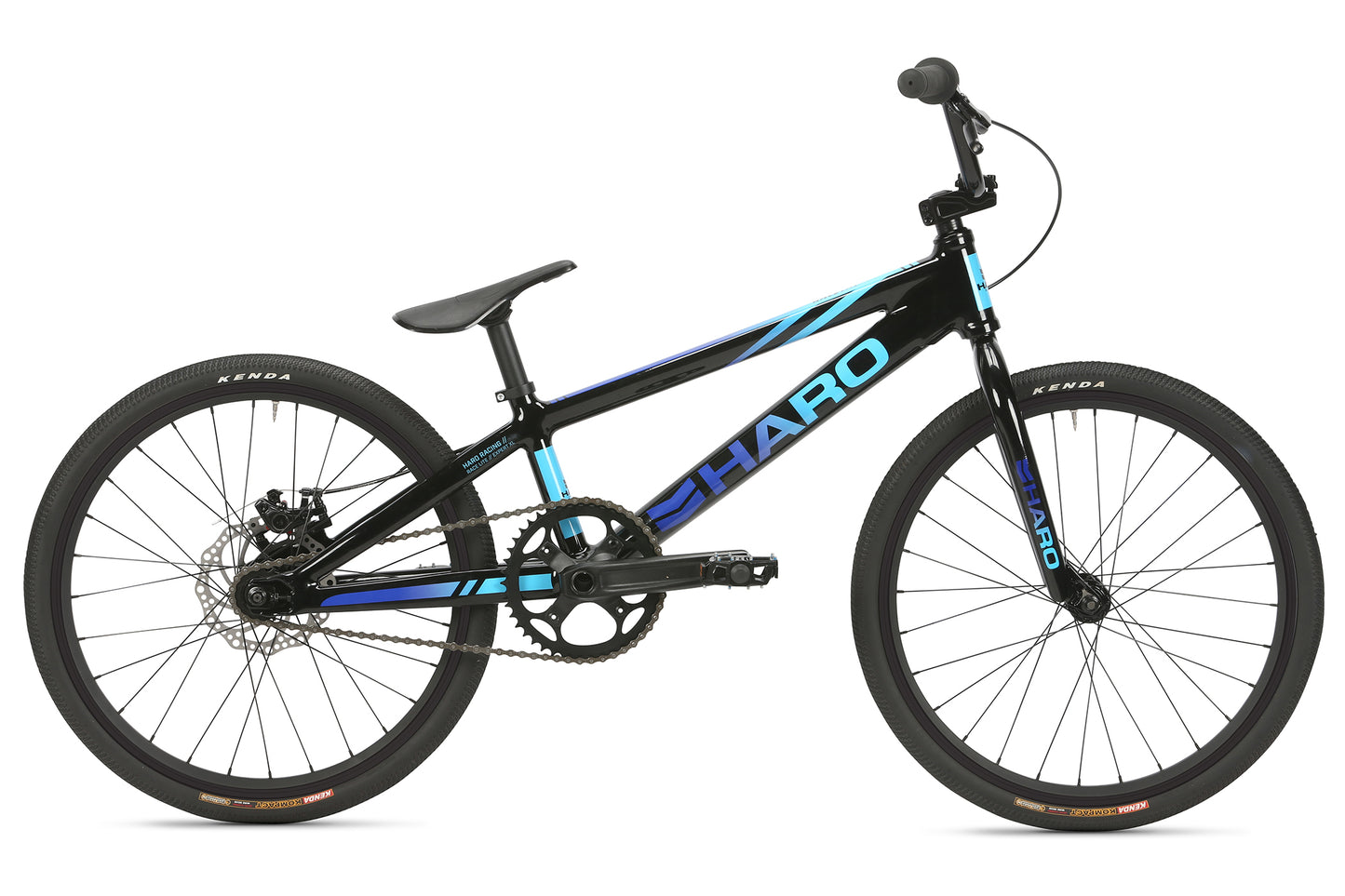 A Haro Bikes Race Lite Expert XL BMX bike in black and blue, featuring a sleek aluminium frame, Kenda tires, straight handlebar, Chromoly-Gabel, and minimalist saddle—ideal for racing or freestyle cycling.