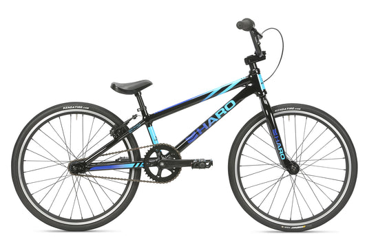 A black and blue Haro Bikes BMX bike, model Race Lite Junior, features a slim Chromoly-Gabel frame with knobby tires, a padded seat, and a straight handlebar. It is positioned against a plain white background.