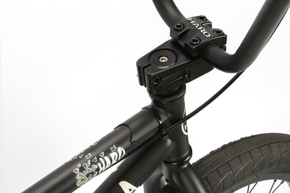 Close-up of Haro Bikes Leucadia: a sturdy black BMX with skull graphics, green details, handlebars, and Hi-Ten-Stahlrahmen.