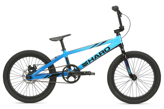 The Haro Bikes Race Lite Pro is a sleek blue BMX bike featuring black wheels, Chromoly-Lenker handlebars, a stylized frame logo, single gear, front and rear brakes, plus a streamlined black seat.