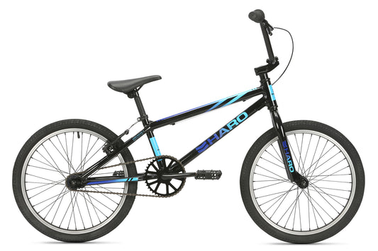 The Haro Bikes SI is a black BMX bike with blue and white accents, featuring a sturdy aluminum frame and Kenda Kontact tires for ultimate grip. Its knobby tires and padded seat make it perfect for BMX racing. The bike is shown in side view on a white background.