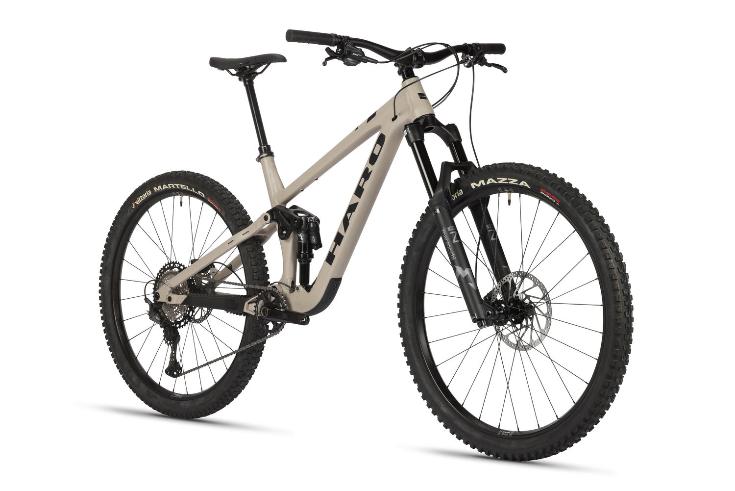 The Haro Bikes Daley Alloy 1 is a beige All-Mountain-29er with a robust aluminum frame, black details, rugged tires, and front suspension for off-road cycling. The brand logo is prominently displayed on the frame, viewed from a slight angle.
