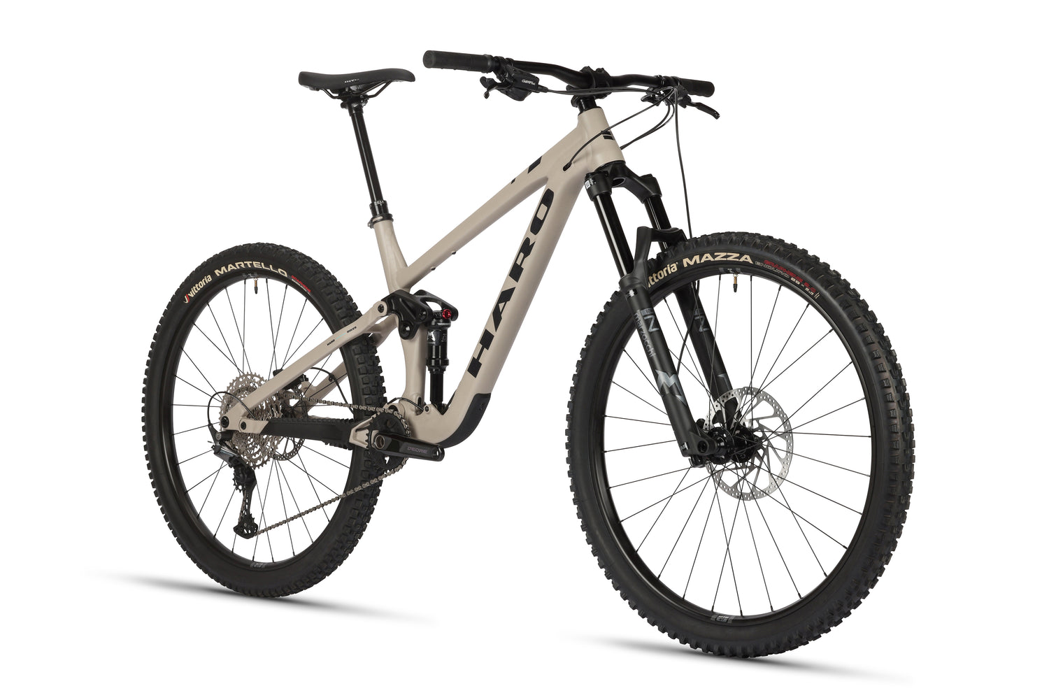 The beige Daley Alloy 2 by Haro Bikes is angled to highlight its aluminium frame, thick knobby tires, front suspension fork, and sleek design. Haro stands out on this modern All-Mountain-29er with advanced gears and brakes.