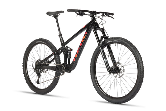 The Daley Alloy 3 by Haro Bikes is a sleek black trail bike with red accents, designed for rugged terrain and outdoor adventures. It features a durable Aluminiumrahmen, thick off-road tires, a front suspension fork, and a rear shock absorber.