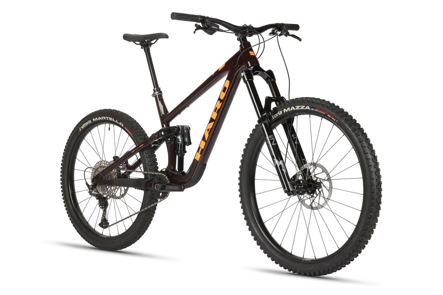 The Greer Alloy 2 from Haro Bikes is a black mountain bike with a mullet Radkonfiguration, full suspension, wide knobby tires, and an adjustable seat on its sturdy alloy frame. It features handlebar brake levers and the Haro brand prominently displayed.