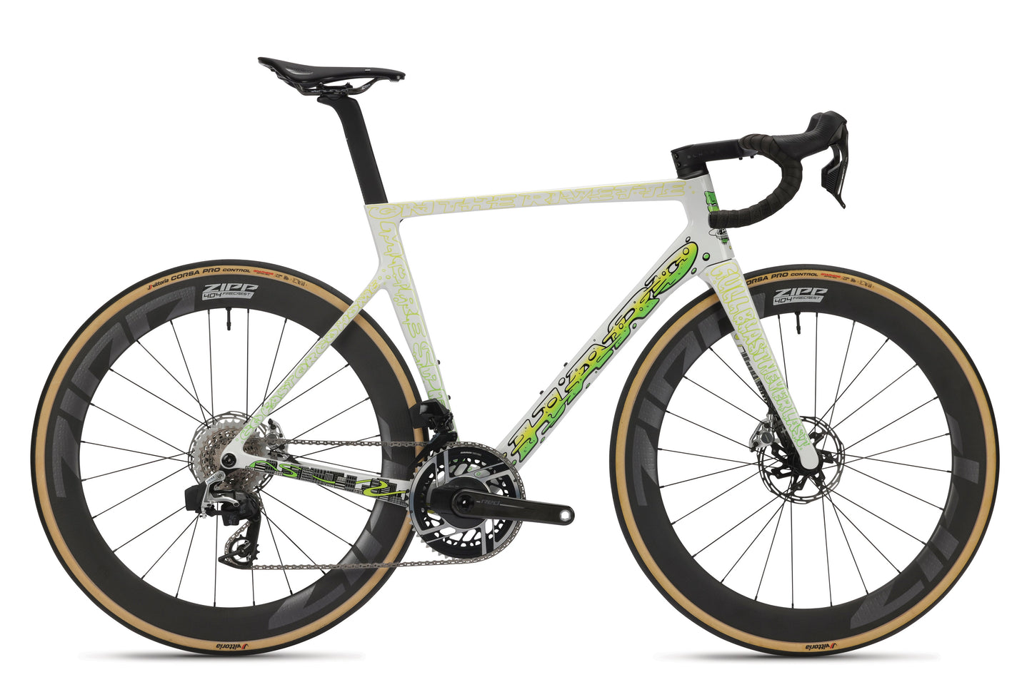 The Rivette Carbon LTD by Haro Bikes is a white, limited edition road bike featuring thick black tires, disc brakes, a carbon fiber frame with green/gray geometric patterns, and drop handlebars. Designed by Mark Ward, its sleek and ideal for racing enthusiasts.