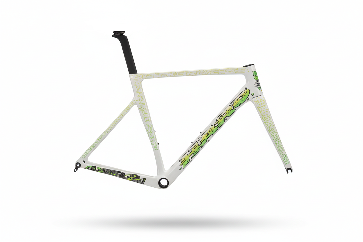 Exklusives Partimos Carbon Frameset Full Blast von Haro Bikes in Weiß mit grünen und grauen Akzenten, limitierte Edition.