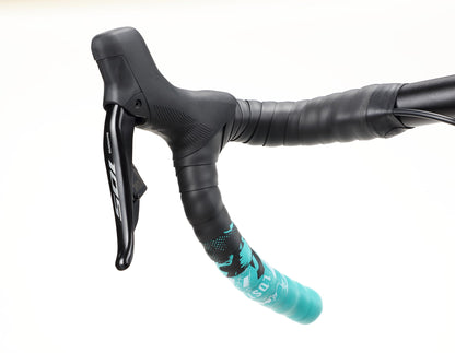 Close-up of the race-ready Rivette Carbon 2 handlebar by Haro Bikes, featuring a black 105 brake lever and black and turquoise tape with graphic text. It boasts sleek internal cable routing against a plain white background.