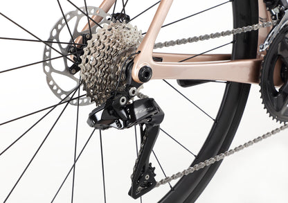 Close-up of the Rivette Carbon 2 by Haro Bikes, featuring its race-ready road bikes rear wheel with gears, chain, and derailleur. The metallic beige frame shows off sleek internal cable routing against thin spokes and a black tire on a plain white background.