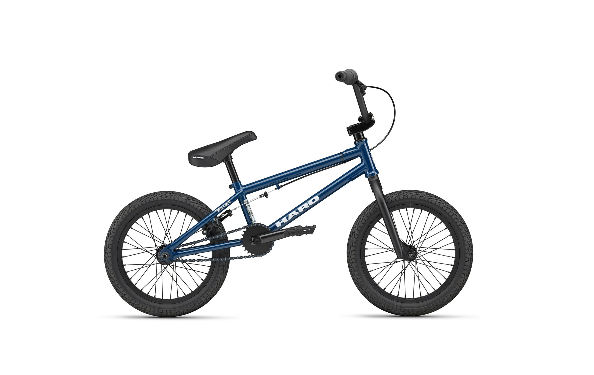 The Haro Bikes Downtown 16 in midnight blue features black tires and seat; ideal as a first bike, shown side-on with a white background.