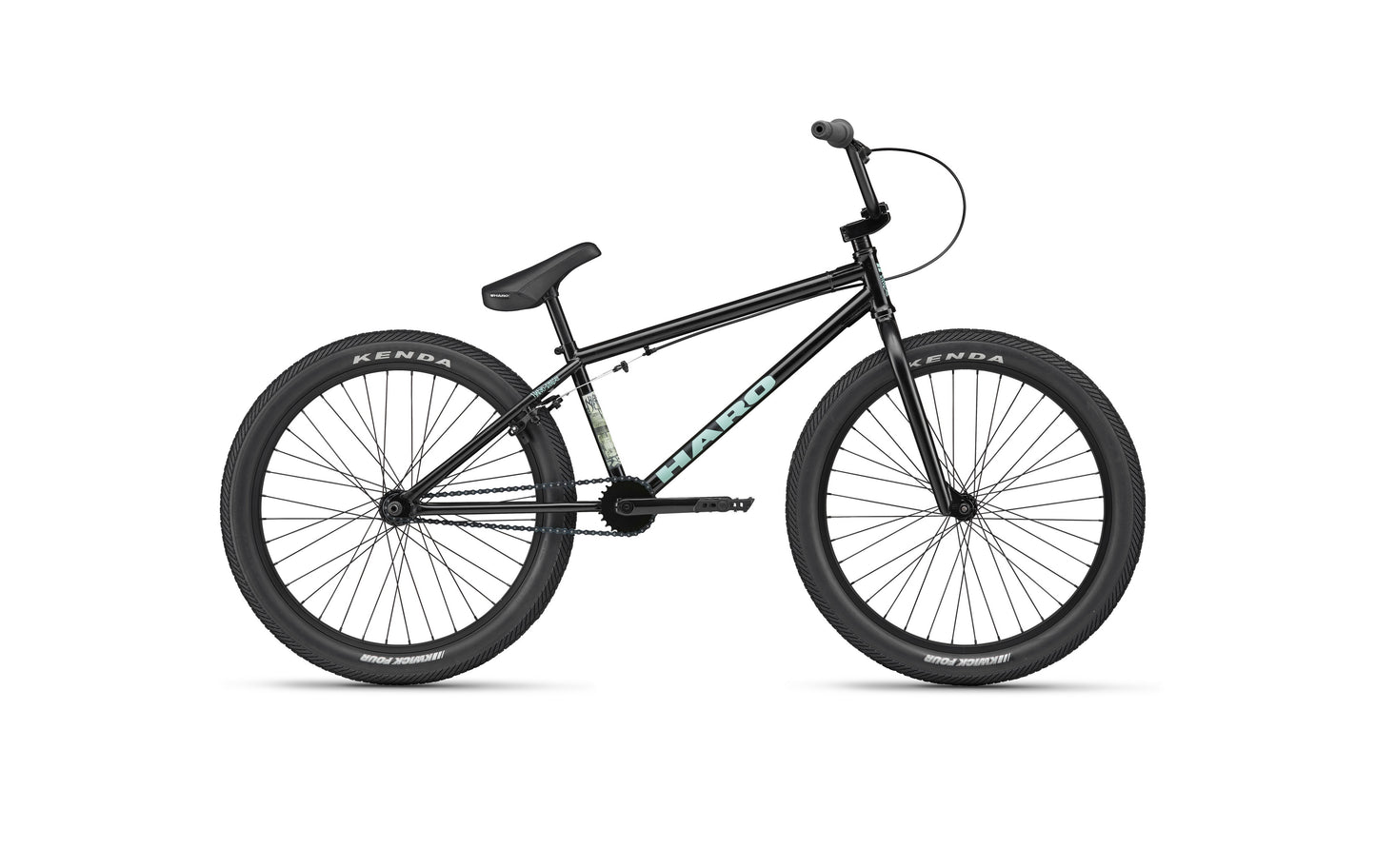 Haro Bikes Downtown 24 BMX, Semi Gloss Black, 24-Zoll-Räder, gerades Oberrohr, seitlich auf weißem Hintergrund.