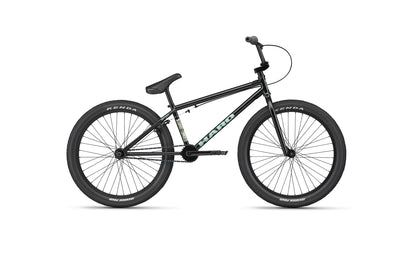 Haro Bikes Downtown 24 BMX, Semi Gloss Black, 24-Zoll-Räder, gerades Oberrohr, seitlich auf weißem Hintergrund.