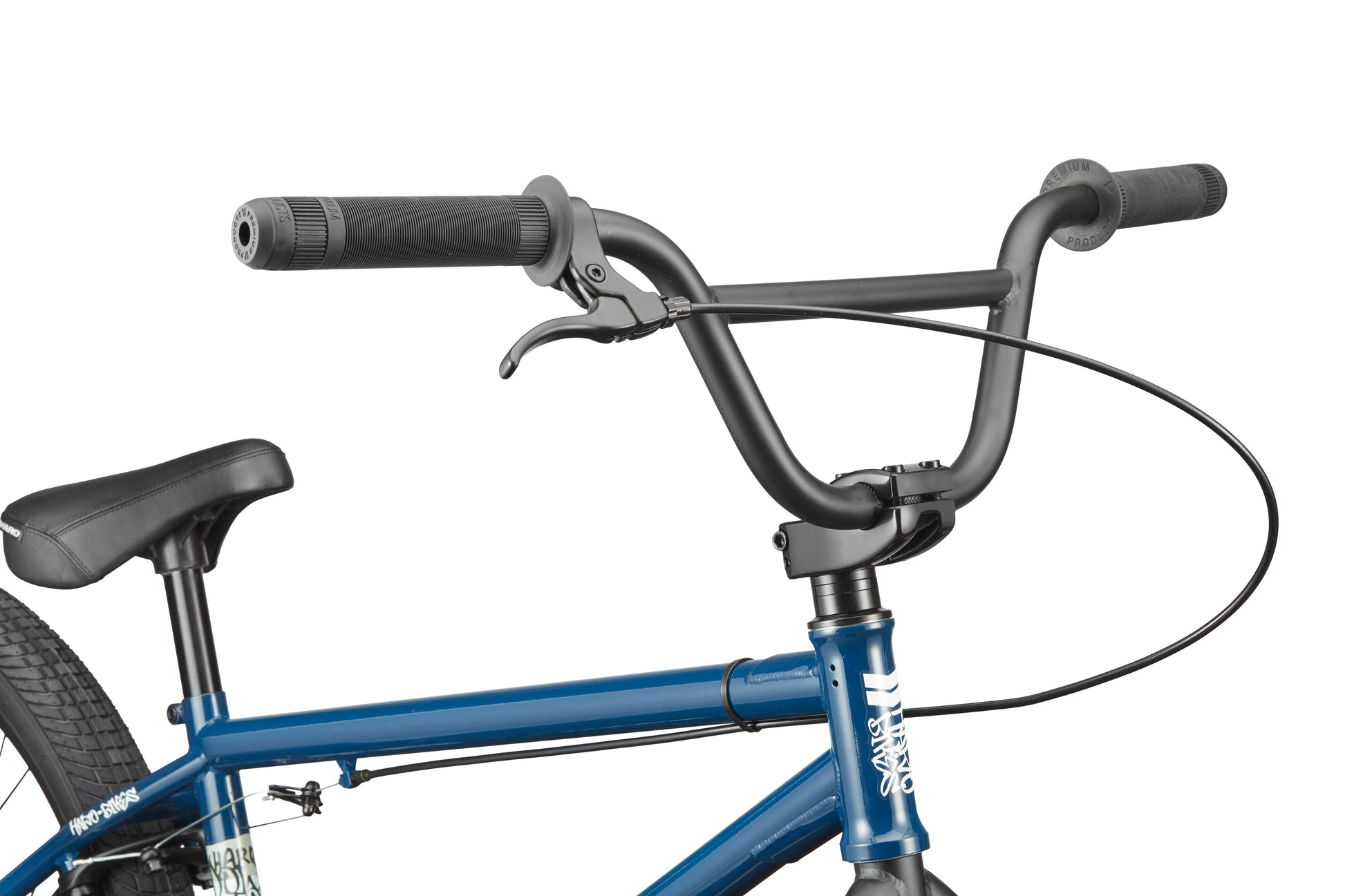 Close-up of a Haro Bikes Downtown 24 BMX, showing handlebars, brake lever, seat, and top of the frame.