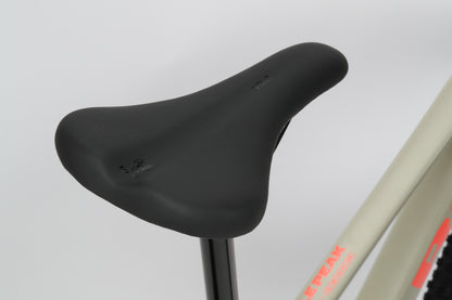 Close-up of a black bicycle saddle on a light frame with red lettering, from the agile Haro Bikes Double Peak 1.