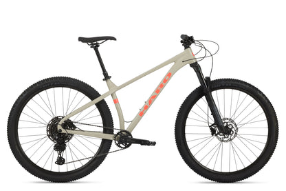 Gloss Tan/Lava mountain bike with black tires, Shimano hydraulic disc brakes, and a sleek frame design from Haro Bikes Double Peak 1.